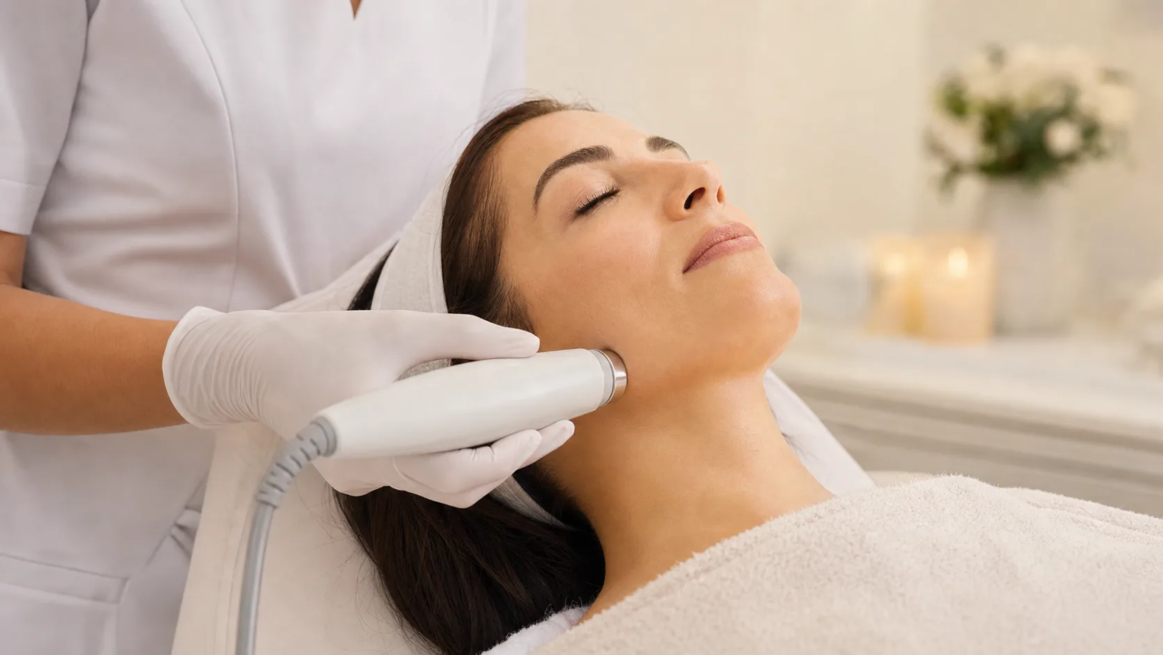 Chin and neck tightening treatment along the jawline