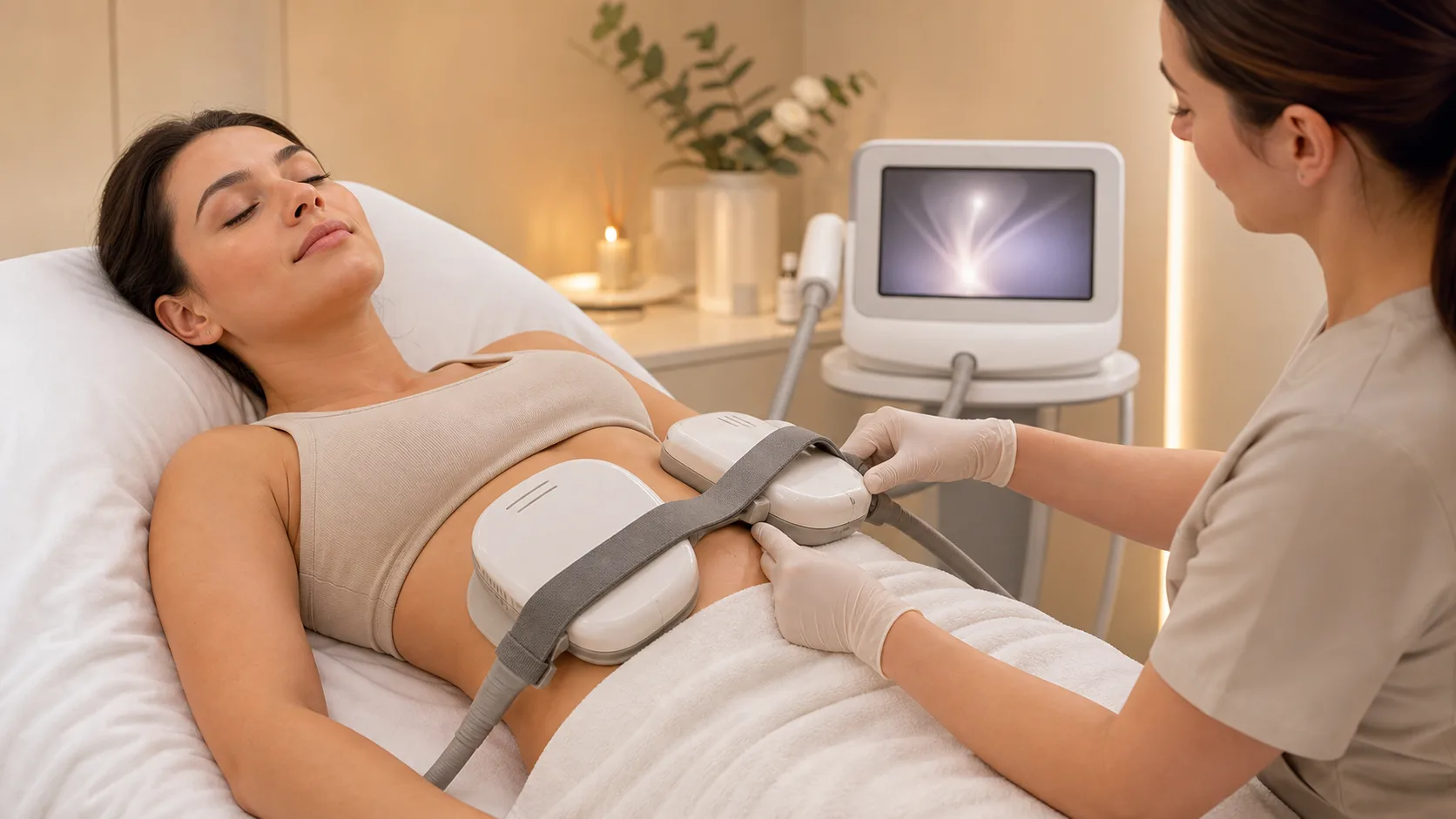 Non-surgical fat-reduction applicators during a body-sculpting visit