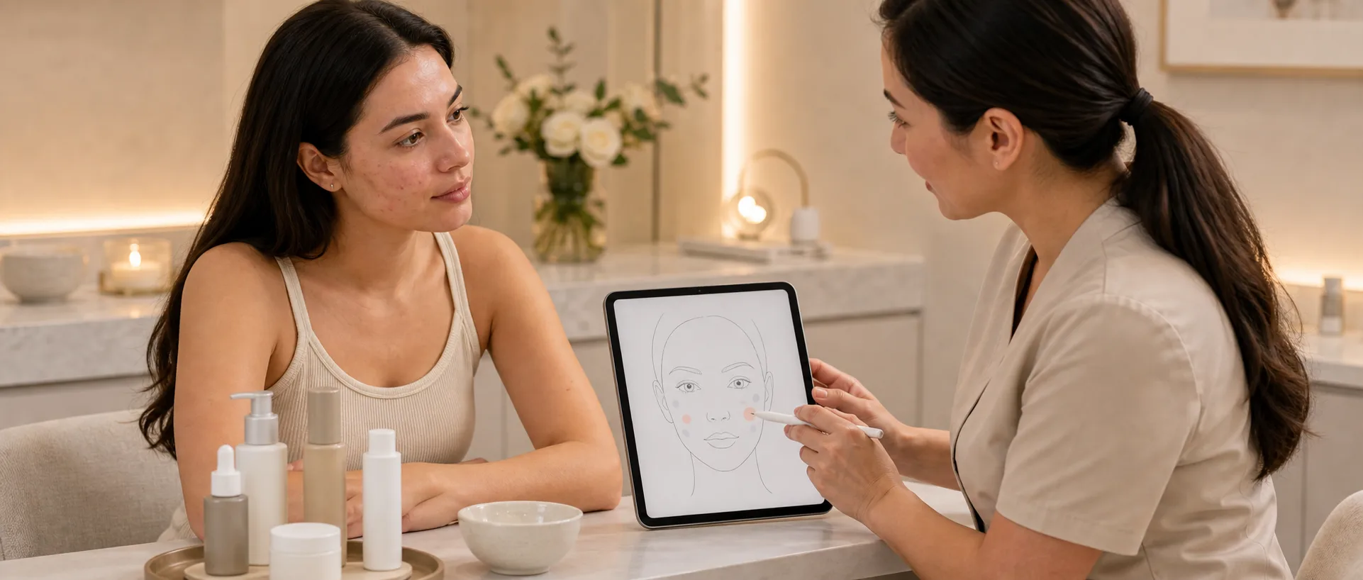 Acne treatment consultation with skincare planning in a medical spa room
